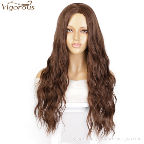 Vigorous Top Quality Fashion For Ladies Long Brown Wavy Wigs Middle Part Synthetic Fiber Wigs For Black Women Wholesales